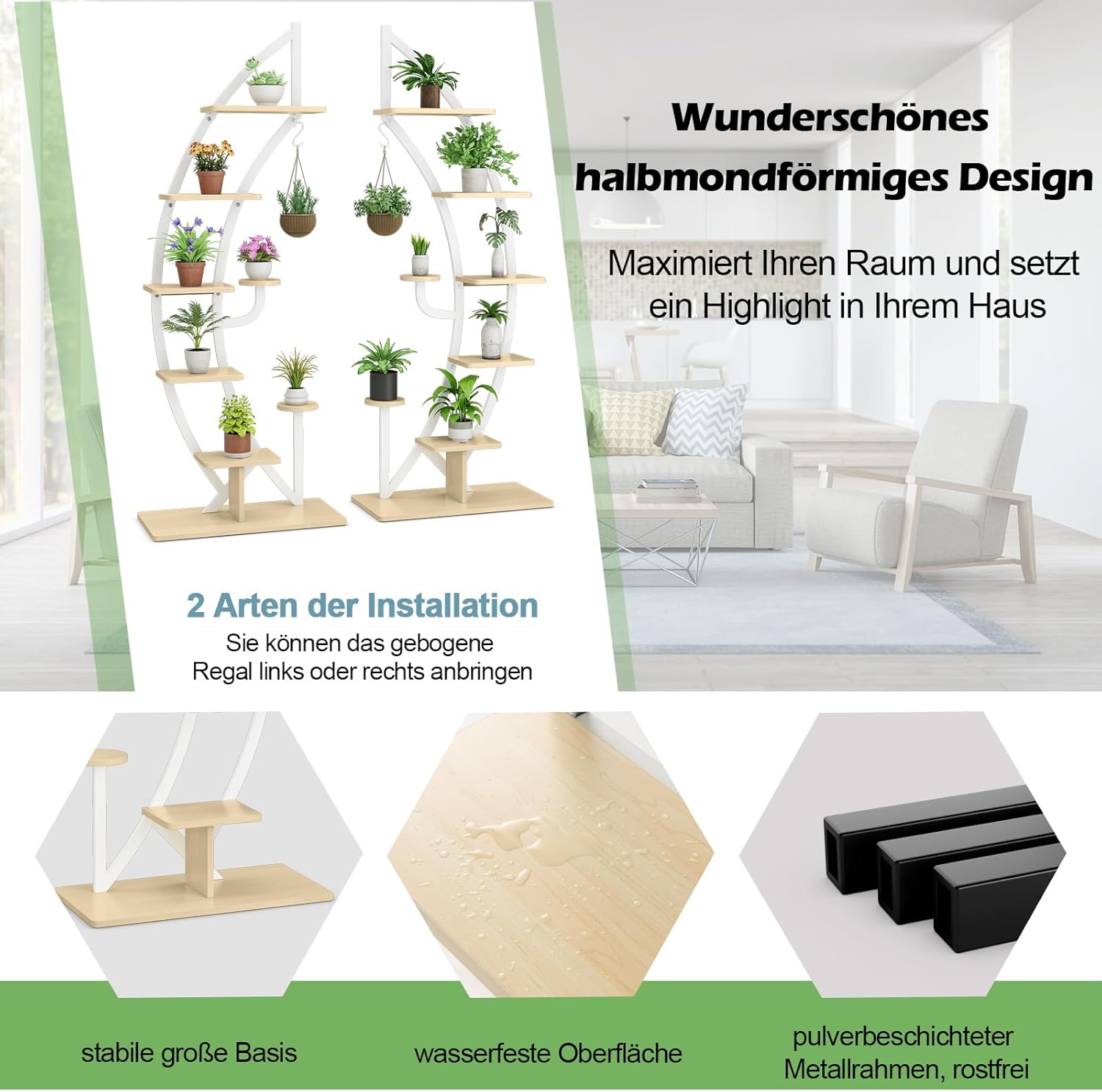 COSTWAY 6-stufiger Metall-Pflanzenständer in Halbmondform, Blumenregal mit 2 kleine Ablagen & oberem Haken, Leiter Pflanzenregal Kippschutz, Blumentopf-Ständer für Garten Balkon Wohnzimmer, Weiß