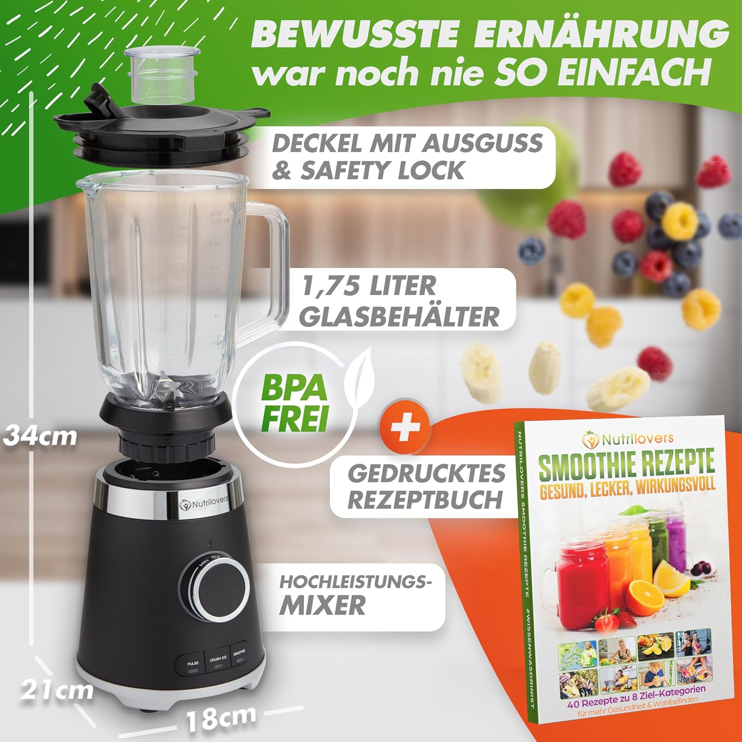 NUTRI-BLENDER GLAS Standmixer Hochleistung 1300W Hochleistungsmixer Smoothie-Maker Profi Blender, 1,75L Glasbehälter, Edelstahlgehäuse, 4 Klingen, BPA-frei, Leise, Variable Stufen, 3 Auto-Programme