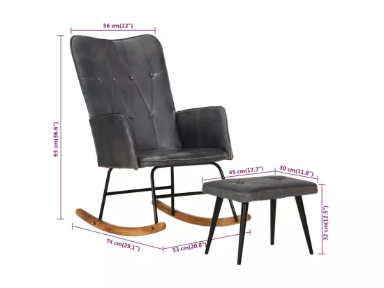 Chaise à bascule avec repose-pied Gris Cuir véritable