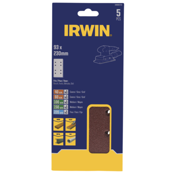 Irwin schuurvel 230 x 93 mm K40/K60/K100/K150/K220 voor klembevestiging, met perforatie voor Bosch, Skil, Gamma, Makita, Metabo, 5 stuks.