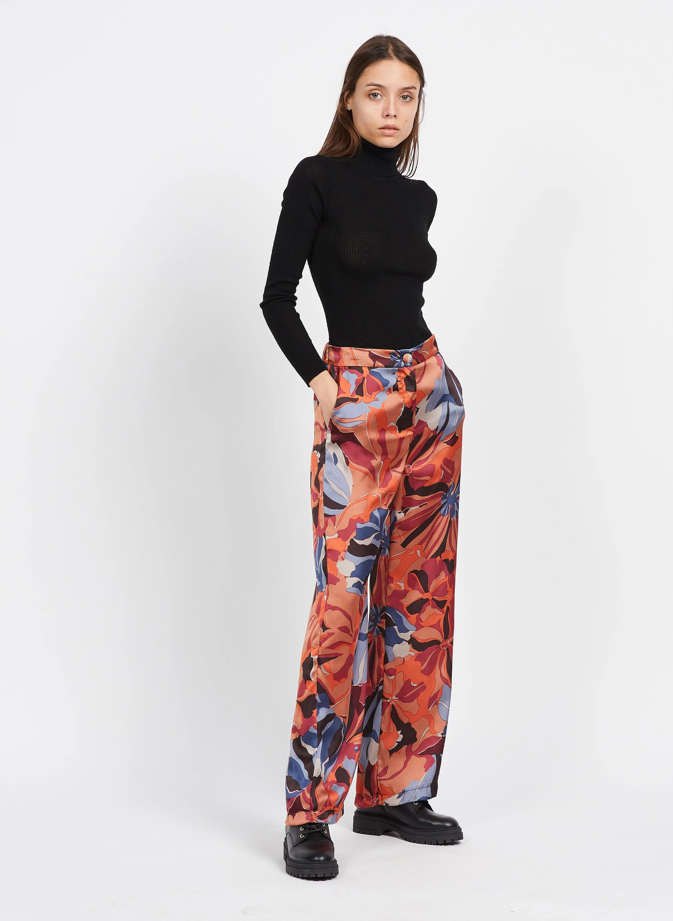 Pantalon large à motif floral | Beige