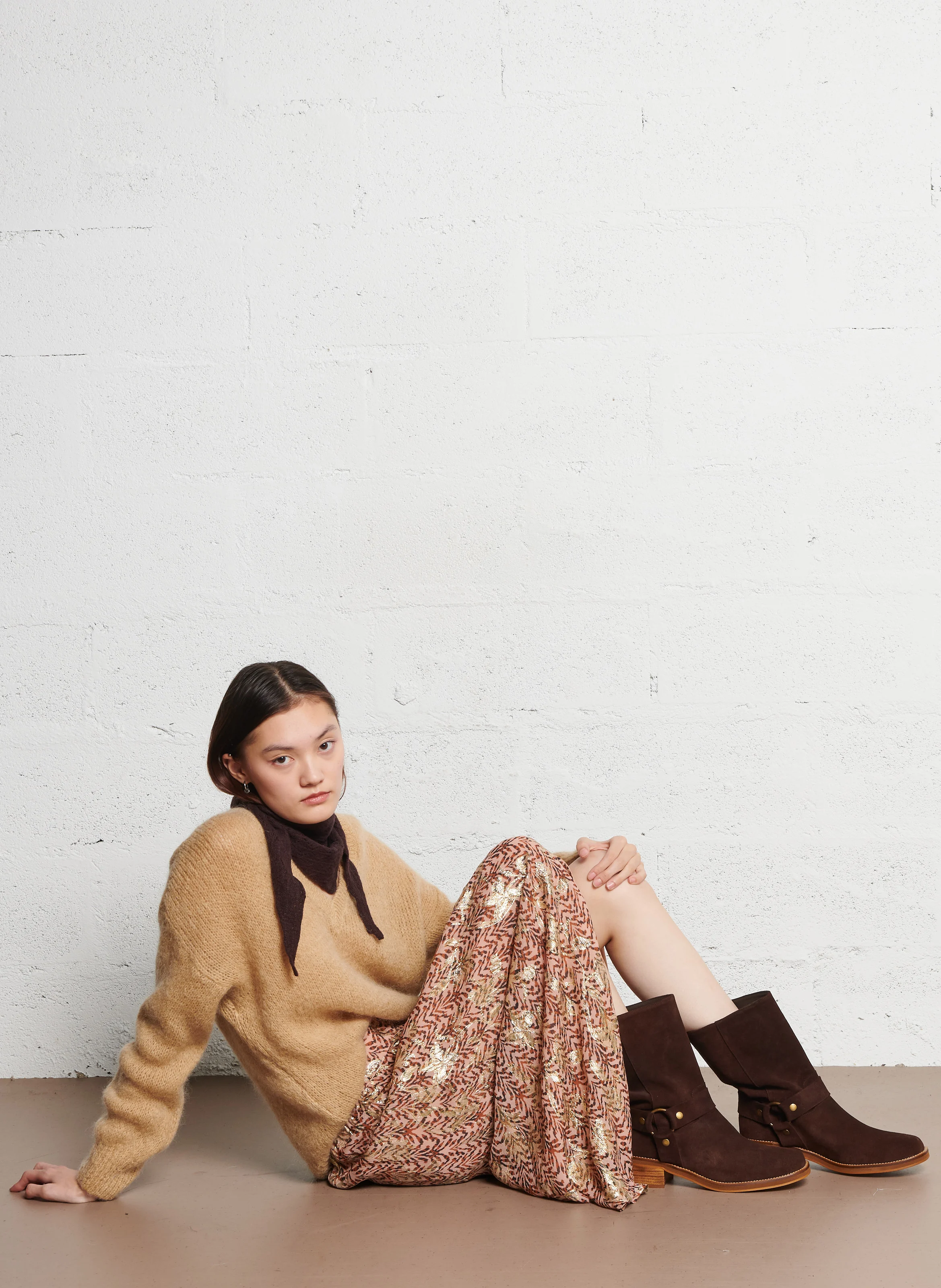 JOAN - Jupe midi fendue à imprimé lurex | Beige