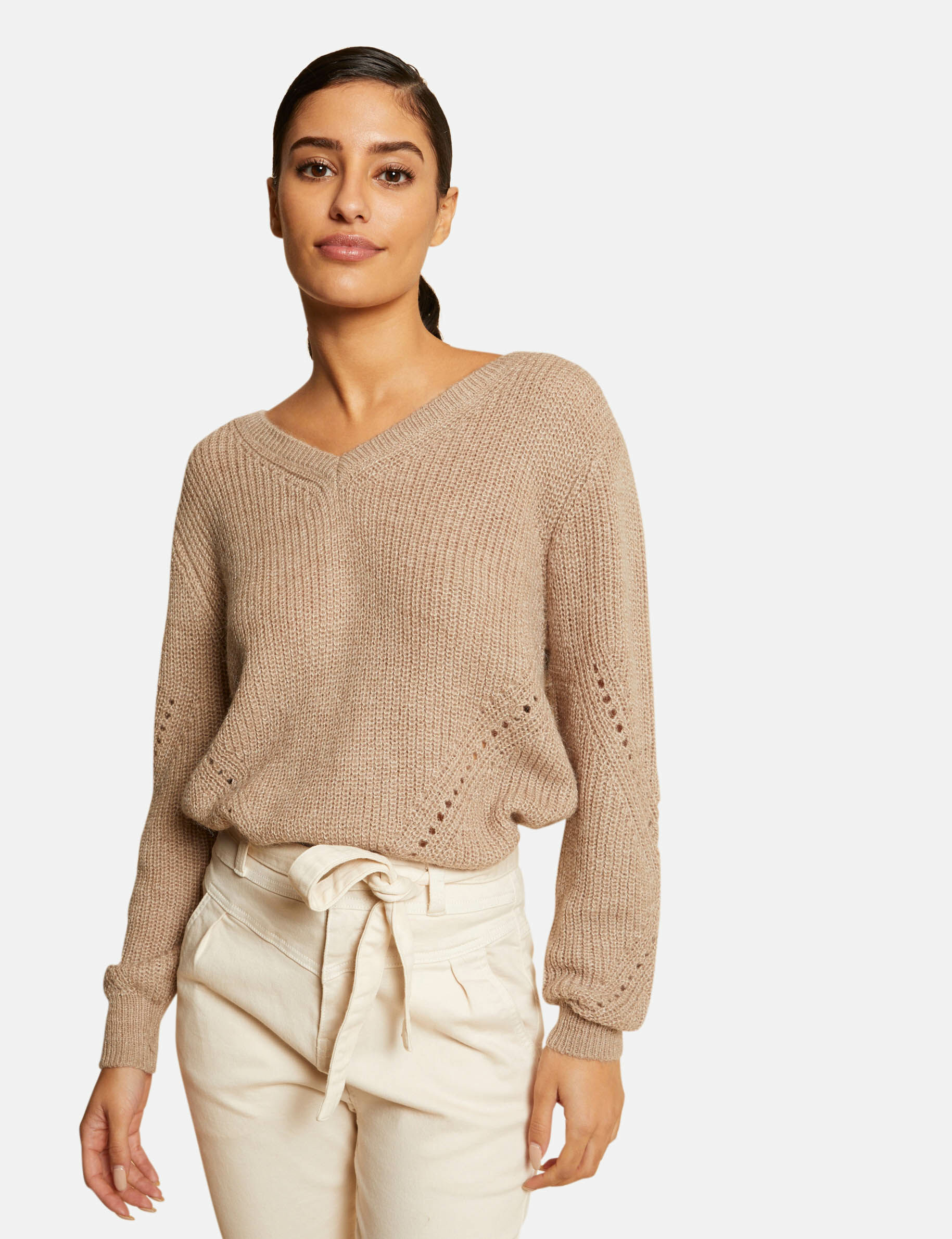 Pull manches longues à col en V taupe femme - taupe