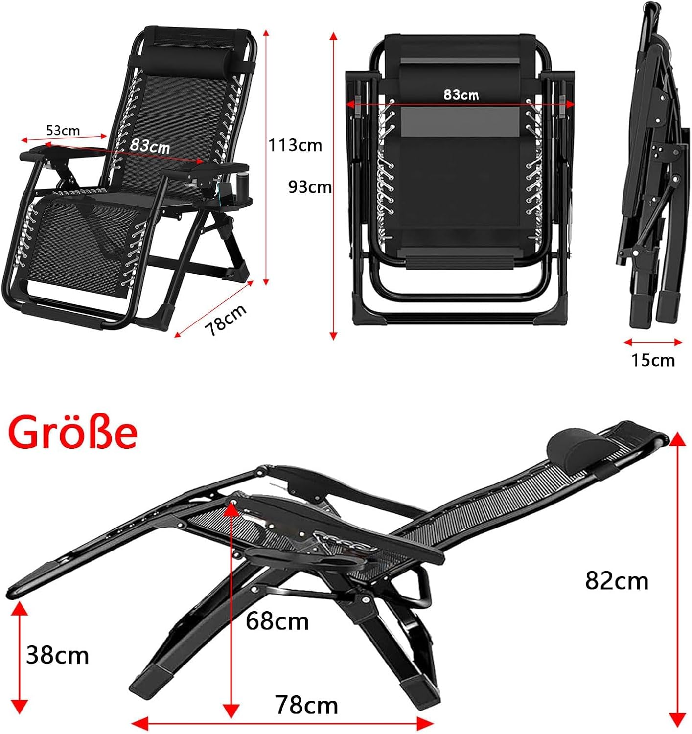 Gartenliege Klappbar Sonnenliege Relaxliege für Balkon, Klappbarer liegestuhl 200kg Tragfähigkeit, Gartenstuhl mit liegefunktion Liegestuhl, XXL Verstellbar Zero Gravity Chair (Schwarz, 83cm)
