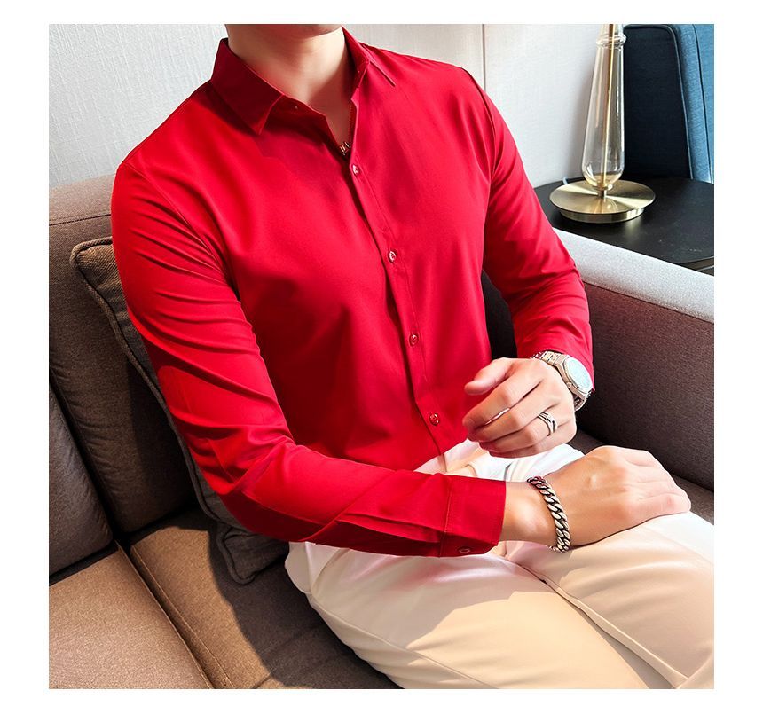 Sherina - Slim-fit overhemd met lange mouwen en effen fleecevoering