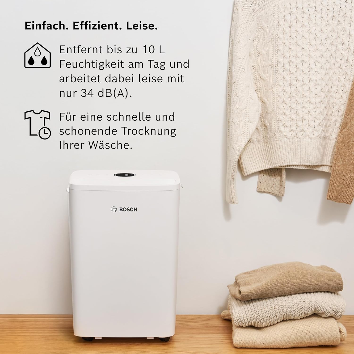 Bosch Dry 1000 Luftentfeuchter - Einfach. Effizient. Leise. - Für Räume bis zu 17 m² - Ideal für Deine Wohnung die schnelle Trocknung Deiner Wäsche