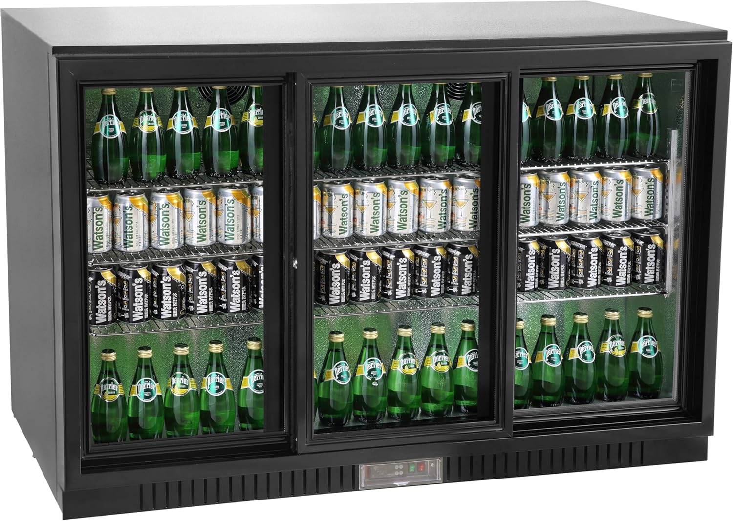 METRO Professional GBC3103 Glastür-Kühlschrank, Verzinktes Blech/Aluminium/Glas, 3 türig, 9 verstellbare Einlegeböden, automatische Abtauung, 308 L, mit Schloß, LED Beleuchtung, schwarz