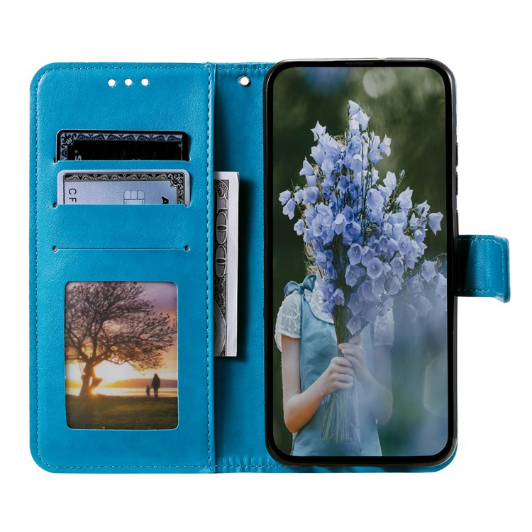Samsung Galaxy S25 Leder Tasche Wallet - Mandala Flowers Imprint - Blau