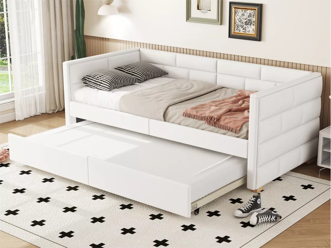 Lit banqueet avec lit gigogne 90x190/200cm - en tissu lin - Beige