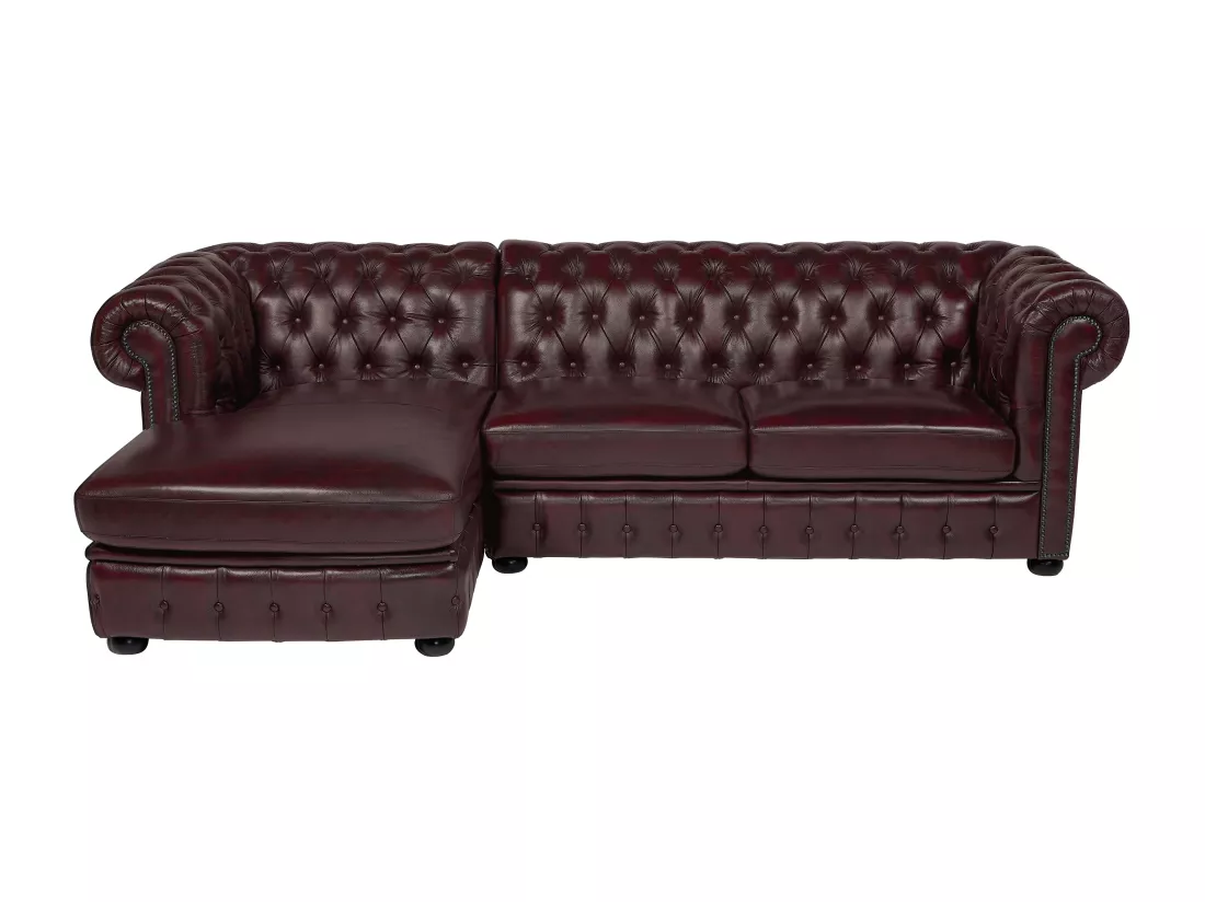 Canapé d'angle chesterfield BRENTON 100% cuir de buffle - Marron reflets châtains - Angle gauche