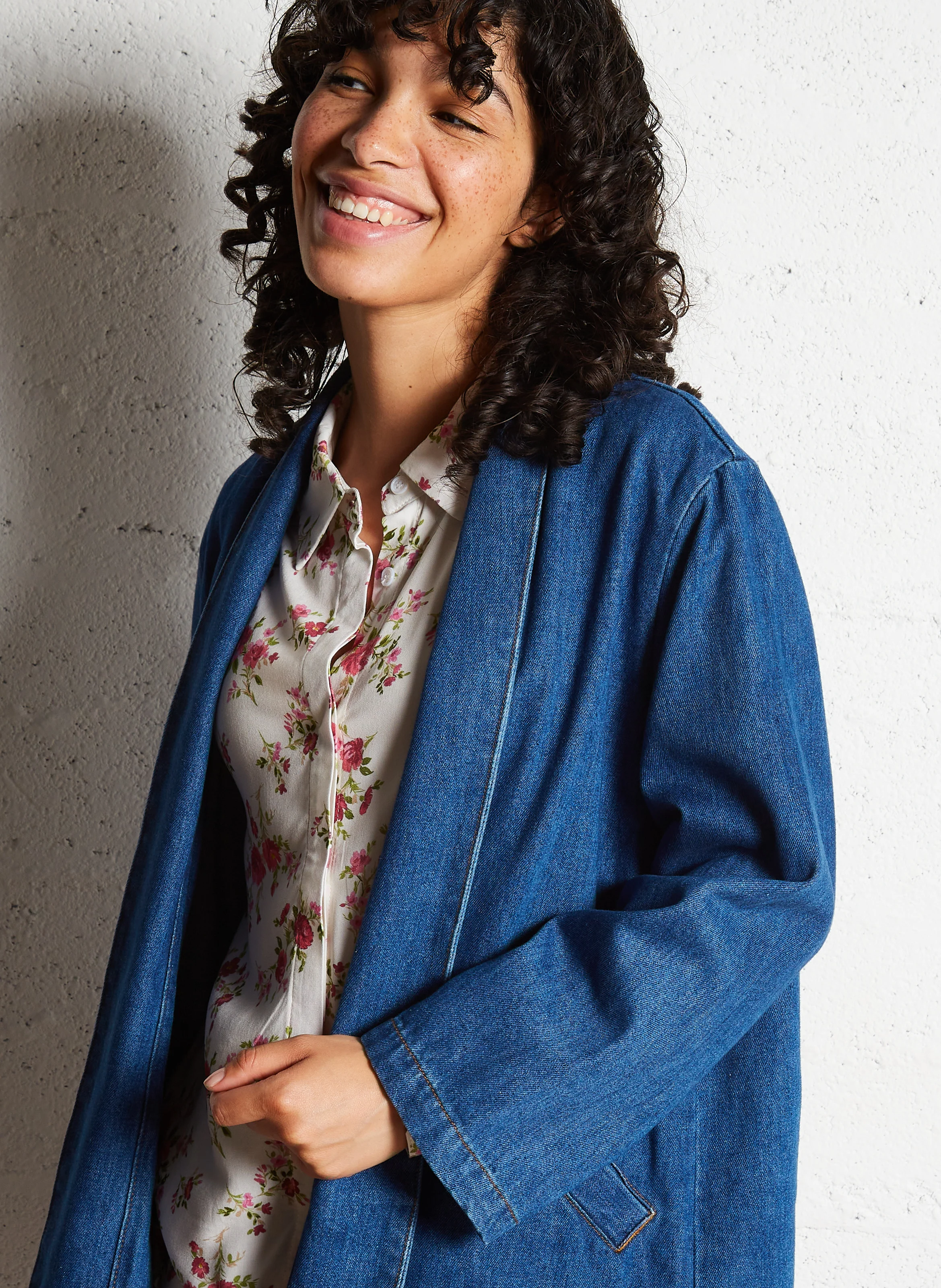 VERA - Veste col châle droite en coton mélangé | Jean brut