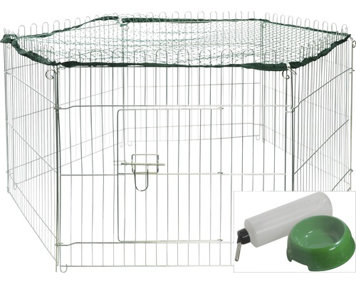 Zeshoekige buitenbehuizing met nylon gaas, waterfles en voerbak, 112x98x56 cm, zilver