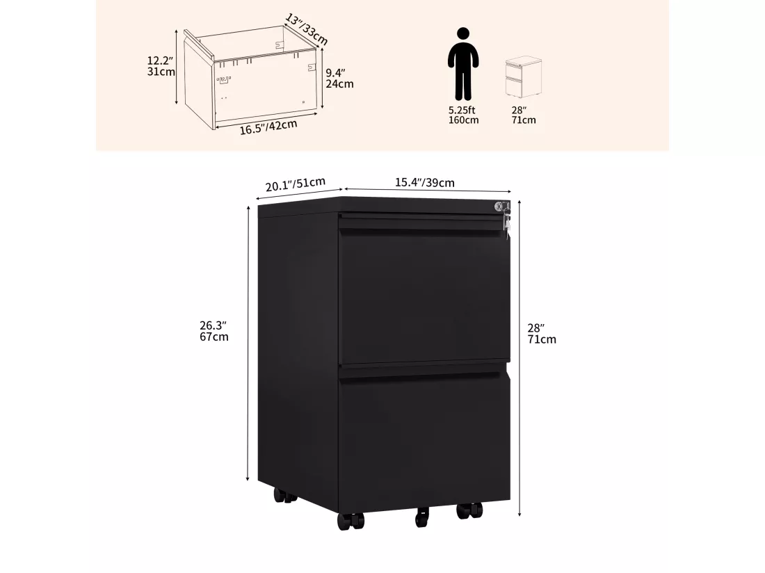 2 Tiroirs Caisson de Bureau - Métal Caisson - Meuble de Bureau avec roulettes pour Dossiers Suspendus - Noir - 51 x 39 x 71cm