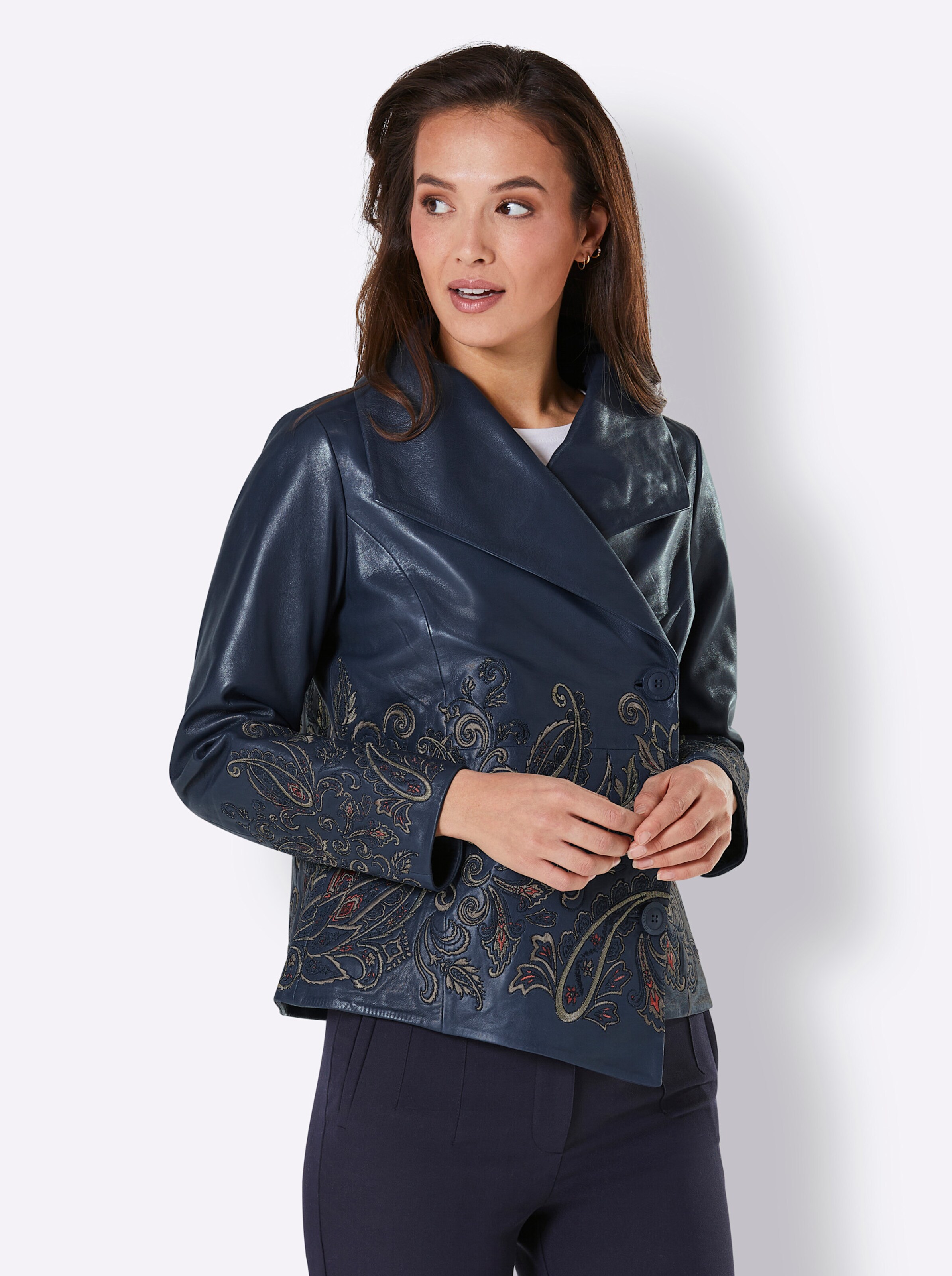CREATION L PREMIUM Lammnappa-Lederblazer in dunkelblau-beige-gemustert