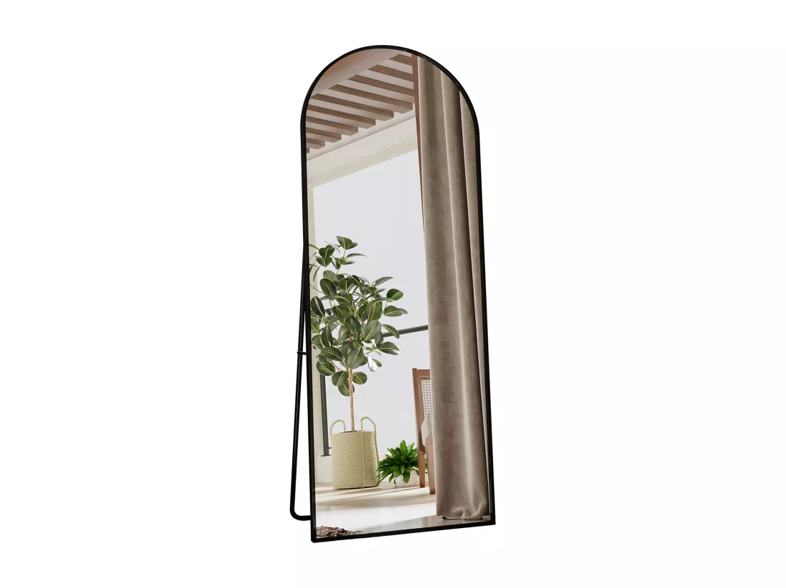Miroir pleine longueur 165 x 60 cm, sur pied, suspendu ou appuyé, grand miroir de sol avec cadre en alliage d'aluminium noir pour salon ou chambre à coucher, Arc