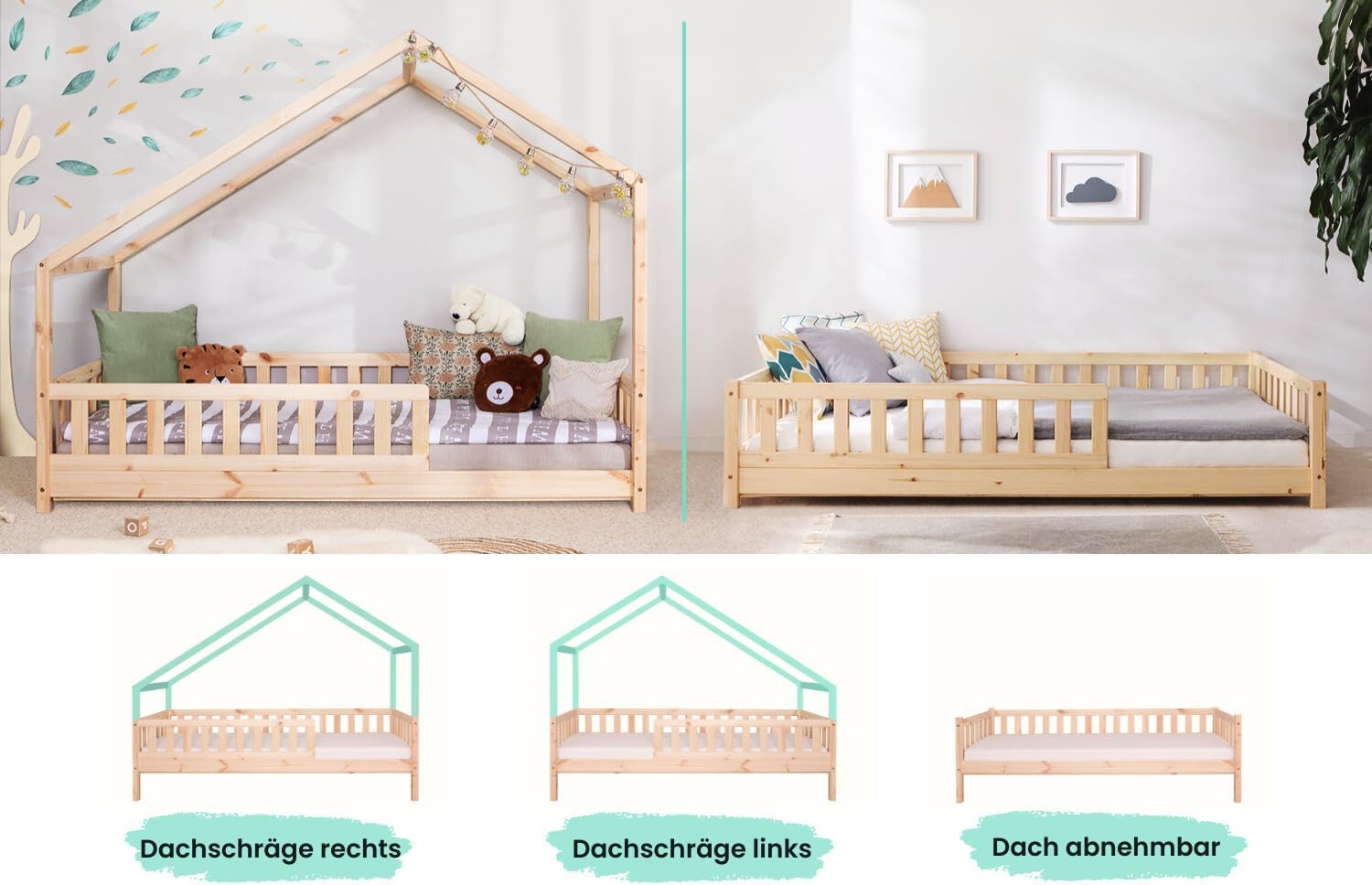 TiCAA Hausbett Bodenbett wandelbar mit asymmetrischem Lou 90/100/120/140x200 cm für Jungen & Mädchen, inkl. Rolllattenrost, Zusatzbett & Rausfallschutz, Montessori Bett aus Kiefer Massivholz