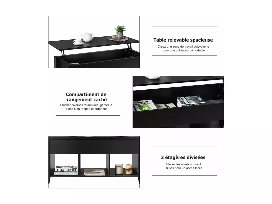 Table basse avec plateau relevable noir 104,5 x 49,5 x 48,5 cm avec trois naturel noir