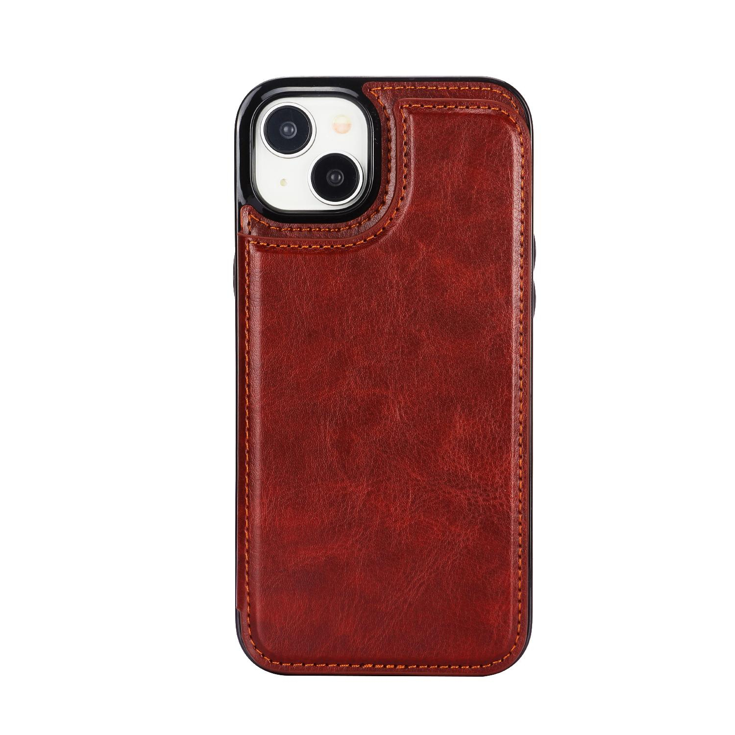 iPhone 15 Hybrid Leder Hülle mit Kartenfach   Kickstand Aufsteller - Braun