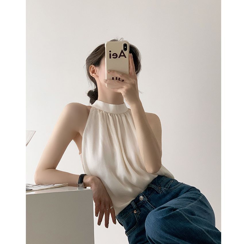 Bamela - Mouwloze blouse met col en effen kleur