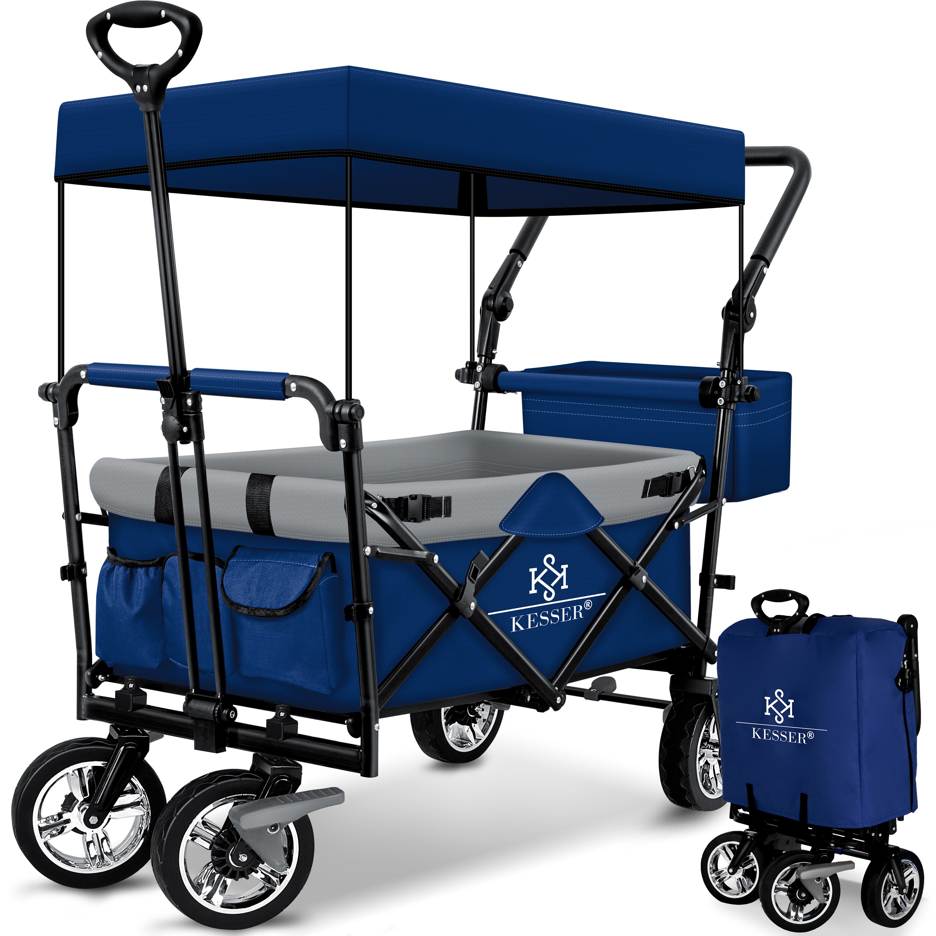 KESSER® Bollerwagen faltbar GT9000 mit Dach Handwagen Transportwagen | inkl. 2x 3-Punkt Gurtsystem| klappbar | Vollgummi-Reifen | bis 80 kg | Vorder- und Hinter-Bremse | + Tragetasche