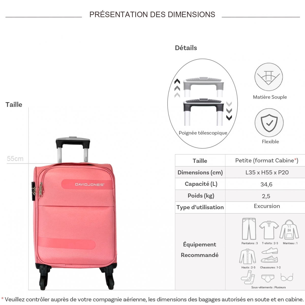 David Jones Valise cabine passe-partout souple David Jones 55cm