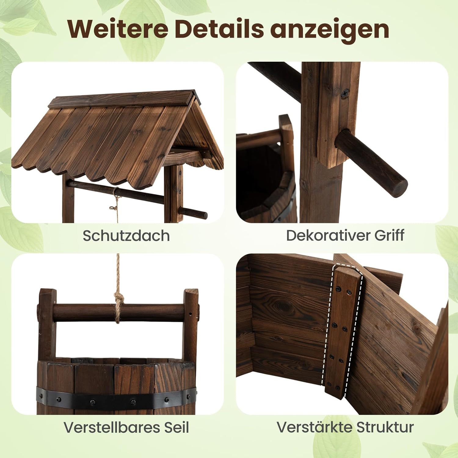 COSTWAY Holzbrunnen mit Dach, Wunschbrunnen Garten, Blumenkübel Dekobrunnen Blumentopf, Dekoration für Draußen Veranda, Zierbrunnen Brunnen Gartenbrunnen, 56 x 56 x 119 cm, Braun