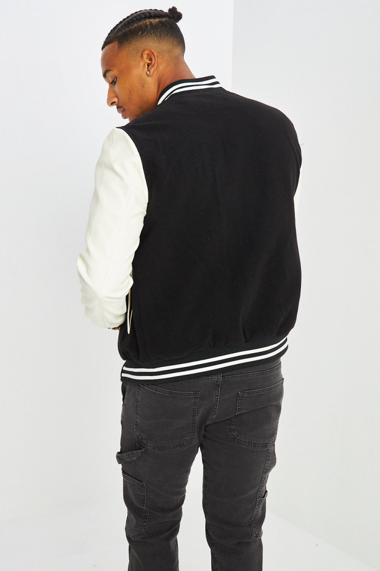 Bomber noir en simili cuir et laine