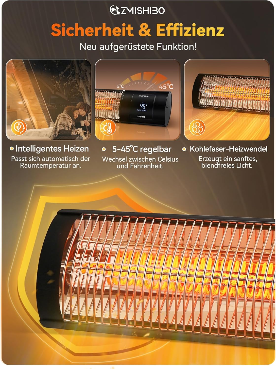ZMISHIBO Infrarot Heizstrahler 2000W, 4 Heizstufen, IP65 für innen & außen, Wand- & Deckenmontage, mit APP, LED-Display, Fenster-Offen-Erkennung & Kindersicherung