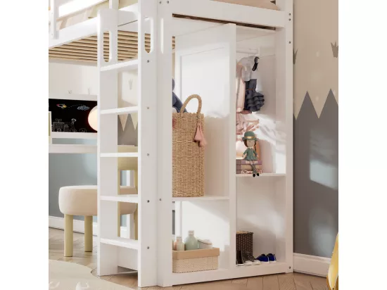 Lit mezzanine 90x200 cm en bois de pin - avec bureau, armoire et étagères - Blanc