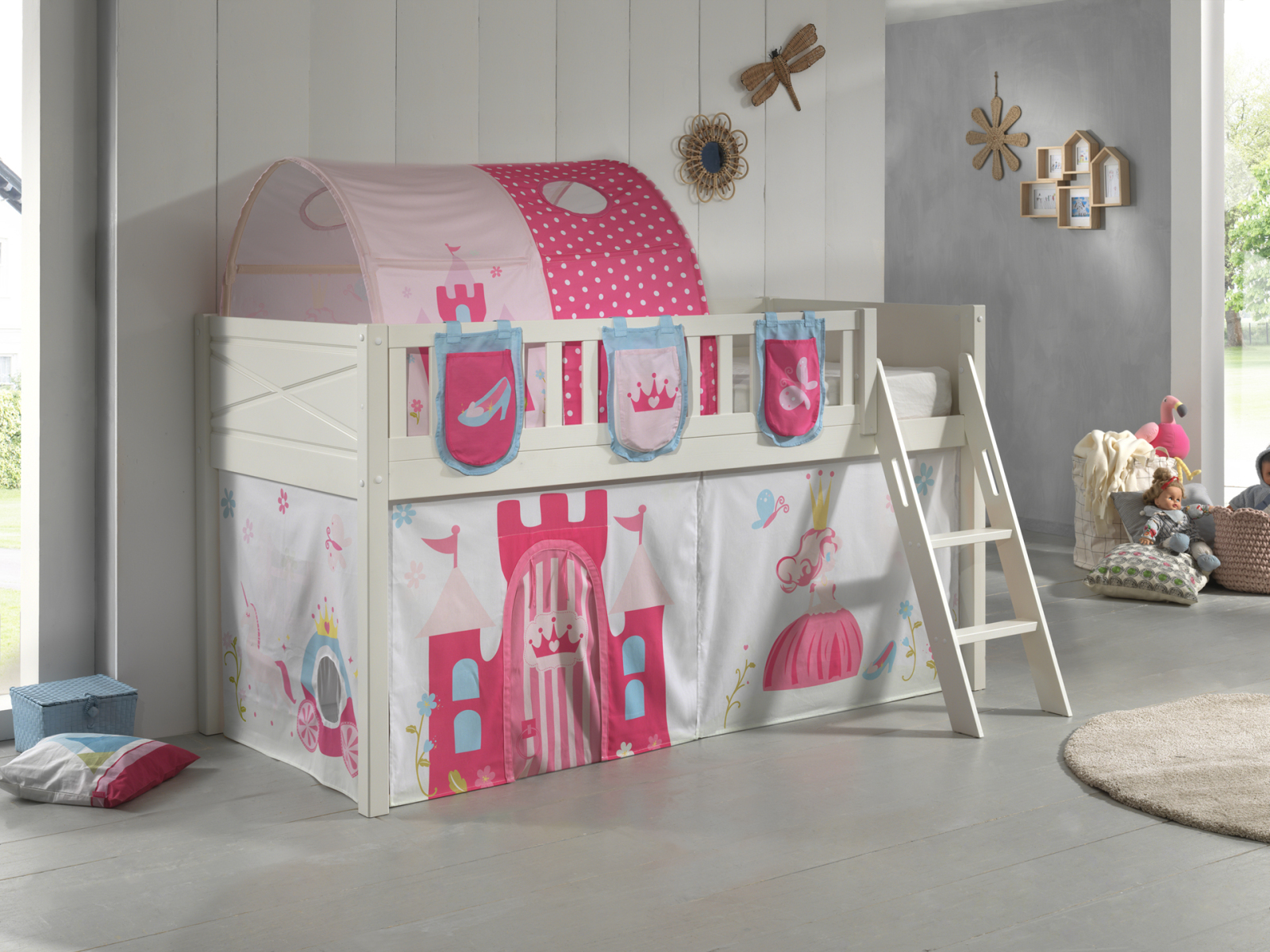 Spielbett SCOTT - weiß - Princess - mit Vorhang, Leiter, Tunnel und Taschen - 90x200 cm