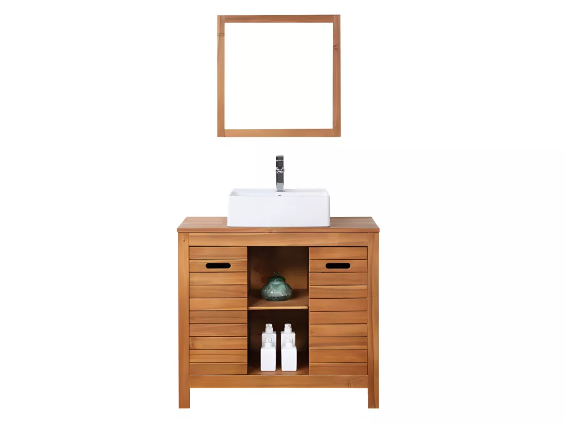 Meuble de salle de bain en bois d'acacia avec simple vasque et miroir - 90 cm - PULUKAN