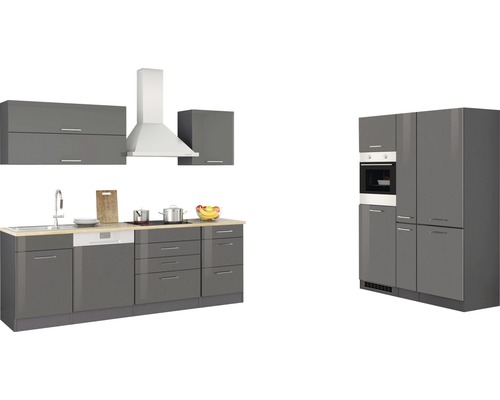 Held Furniture keukenblok met apparatuur Milan 390 cm grijs hoogglans gedemonteerd omkeerbaar model 637.1.6211