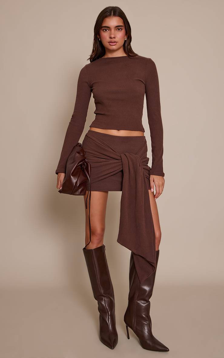 Marron Ensemble Jupe Courte Drapée Avec Nœud En Tissu Brossé Doux