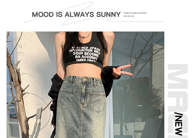 Denimot - Midi-rok met hoge taille en gewassen zoom en zeemeerminmotief