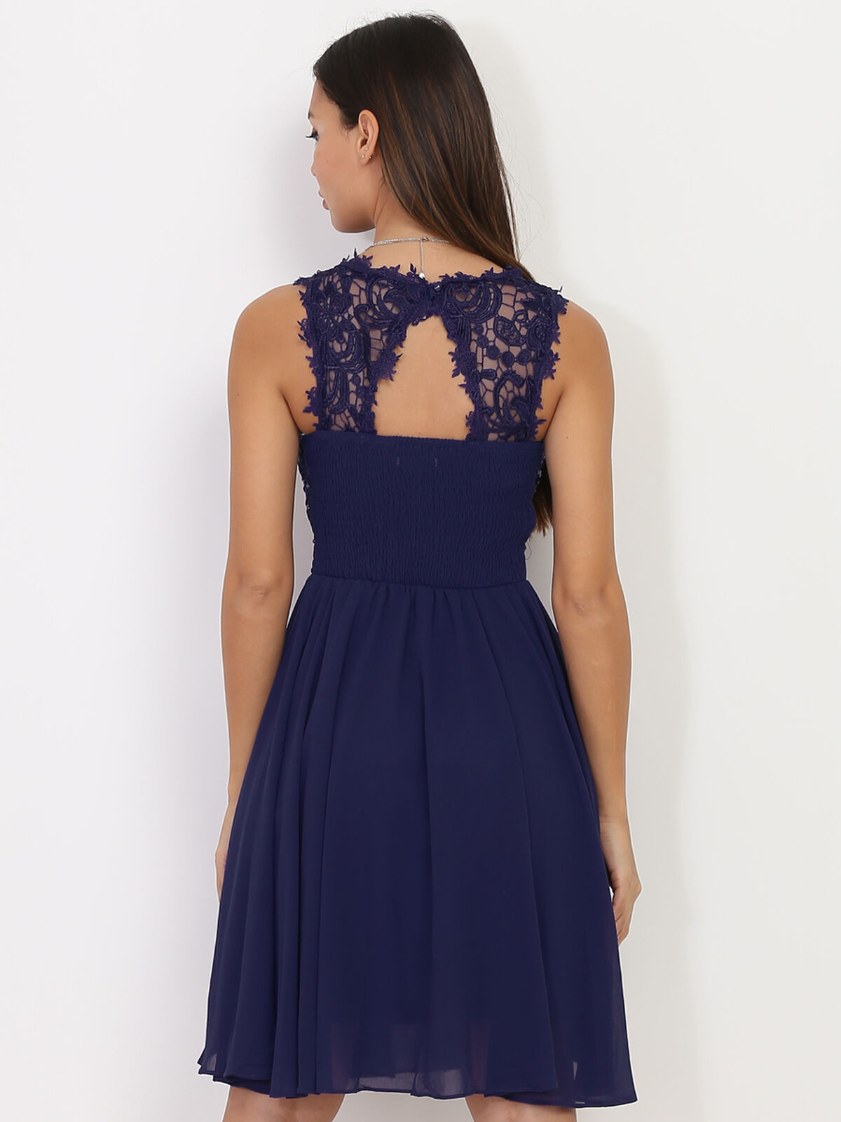 Robe patineuse broderie et perles grandes tailles- Bleu marine