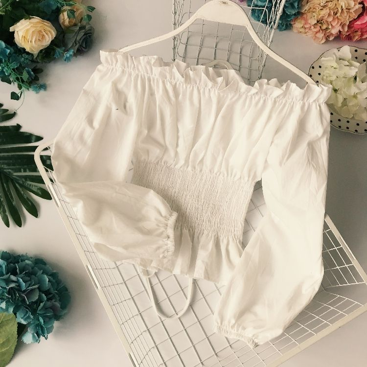 Lucuna - Blouse met lange mouwen, off-shoulder ruches en vetersluiting
