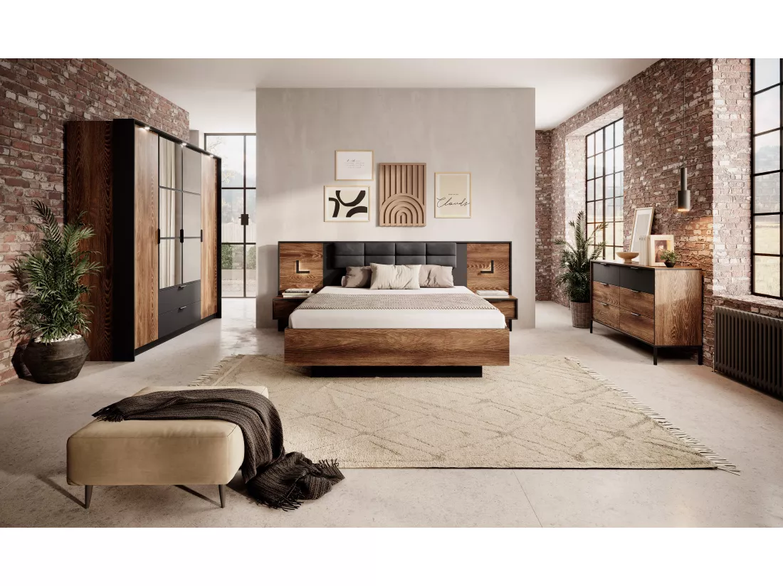 Armoire à portes battantes MILTON LED 224x59x210 Brun chocolat & Noir
