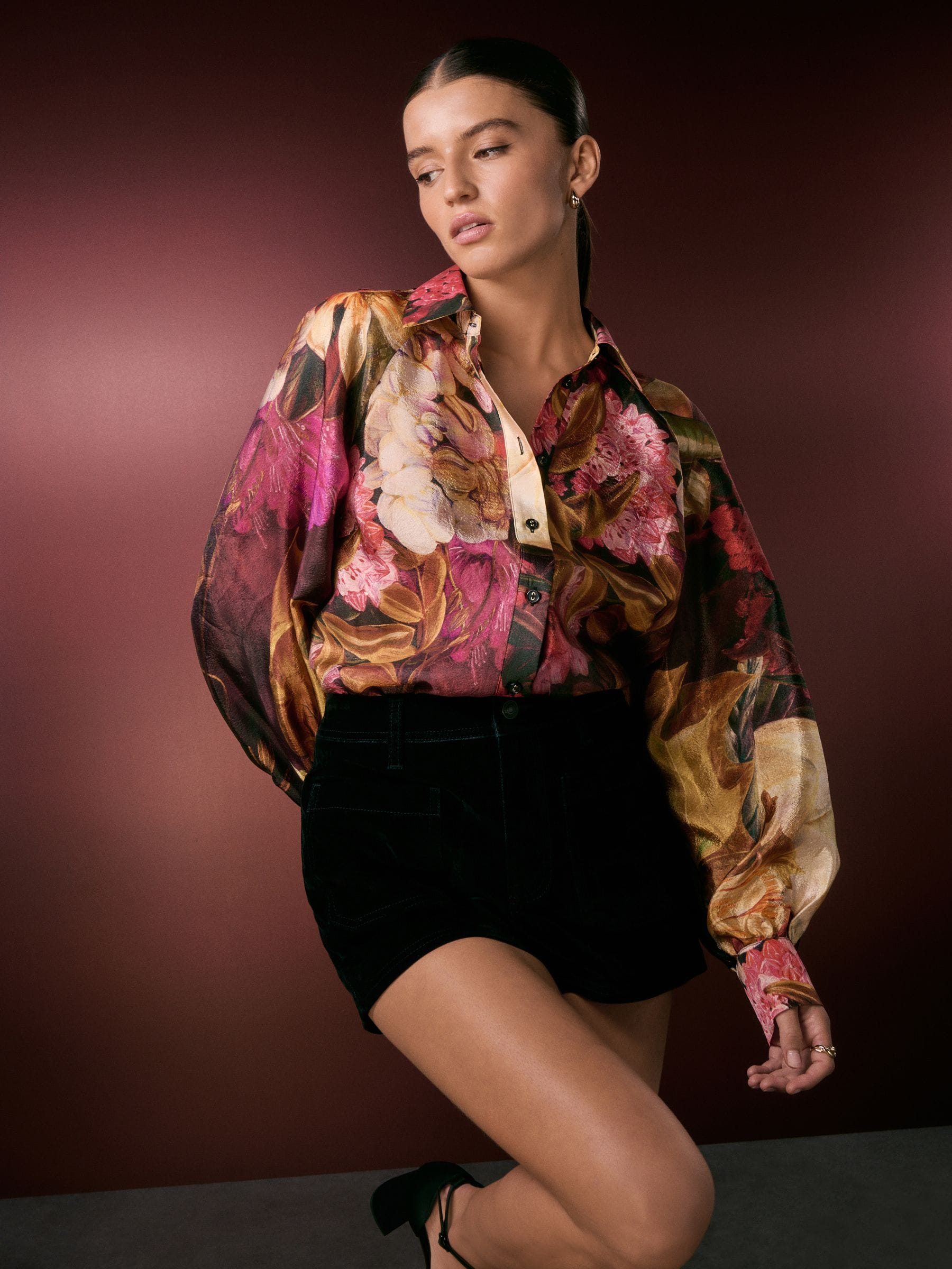 Kew Collection roze/paarse bloemenprint - Overhemd met lange mouwen en knoopsluiting