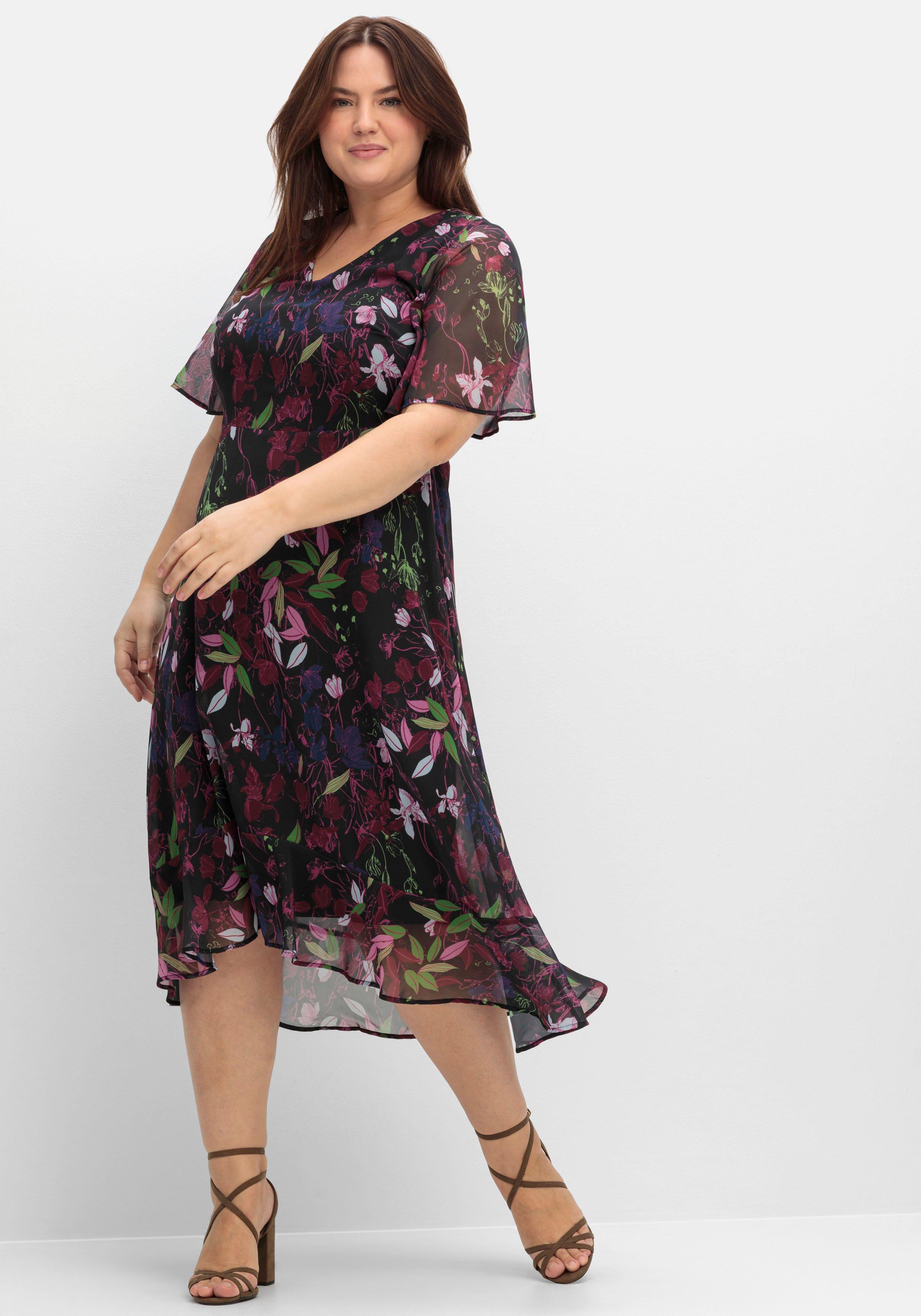 Chiffonkleid mit Blumendruck und Volant am Saum