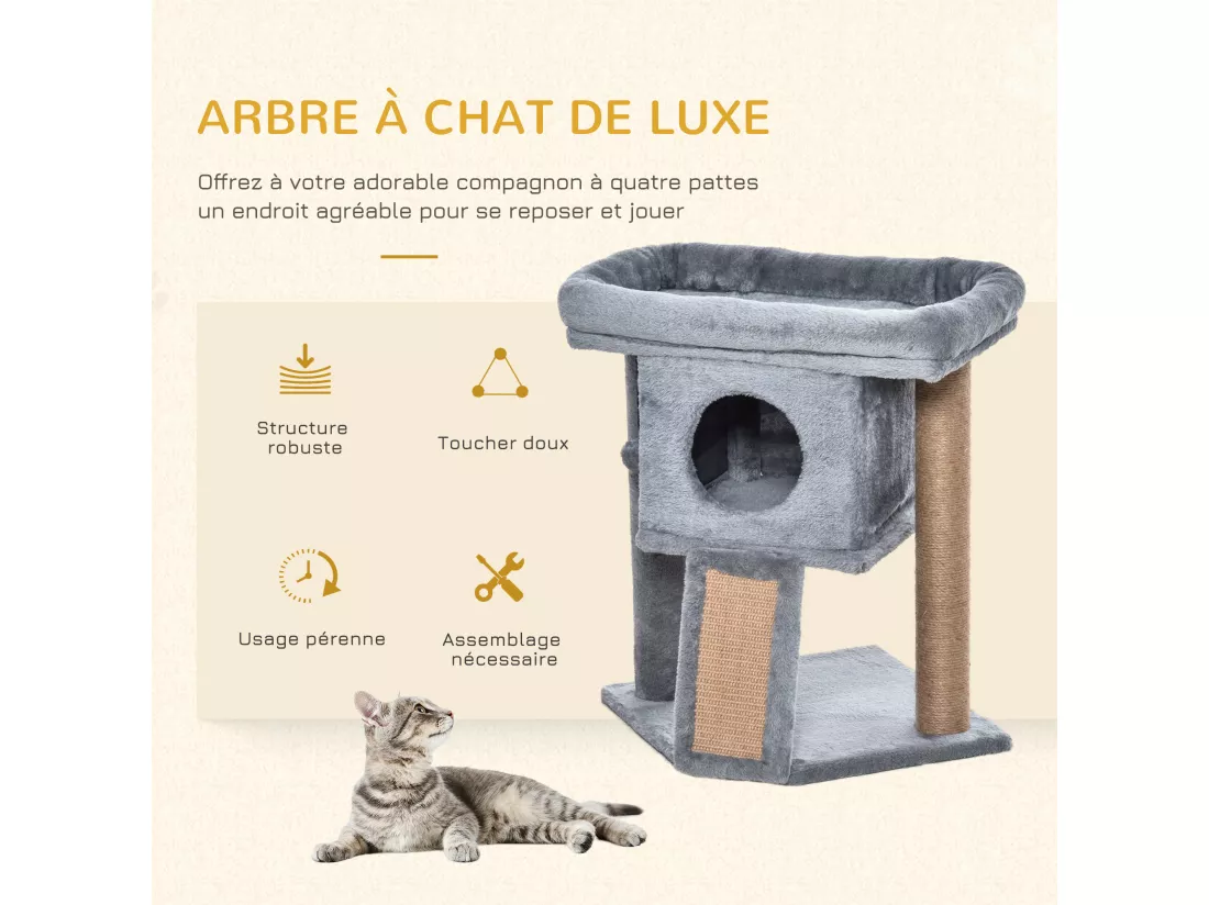 Arbre à chat grattoir griffoir niche panier d'observation boule peluche gris
