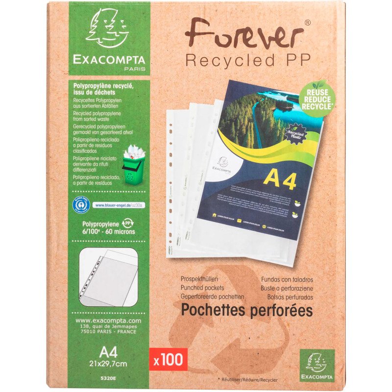 Pochettes perforées Exacompta Forever A4 polypropylène recyclé grainé 6/100e - Boite de 100