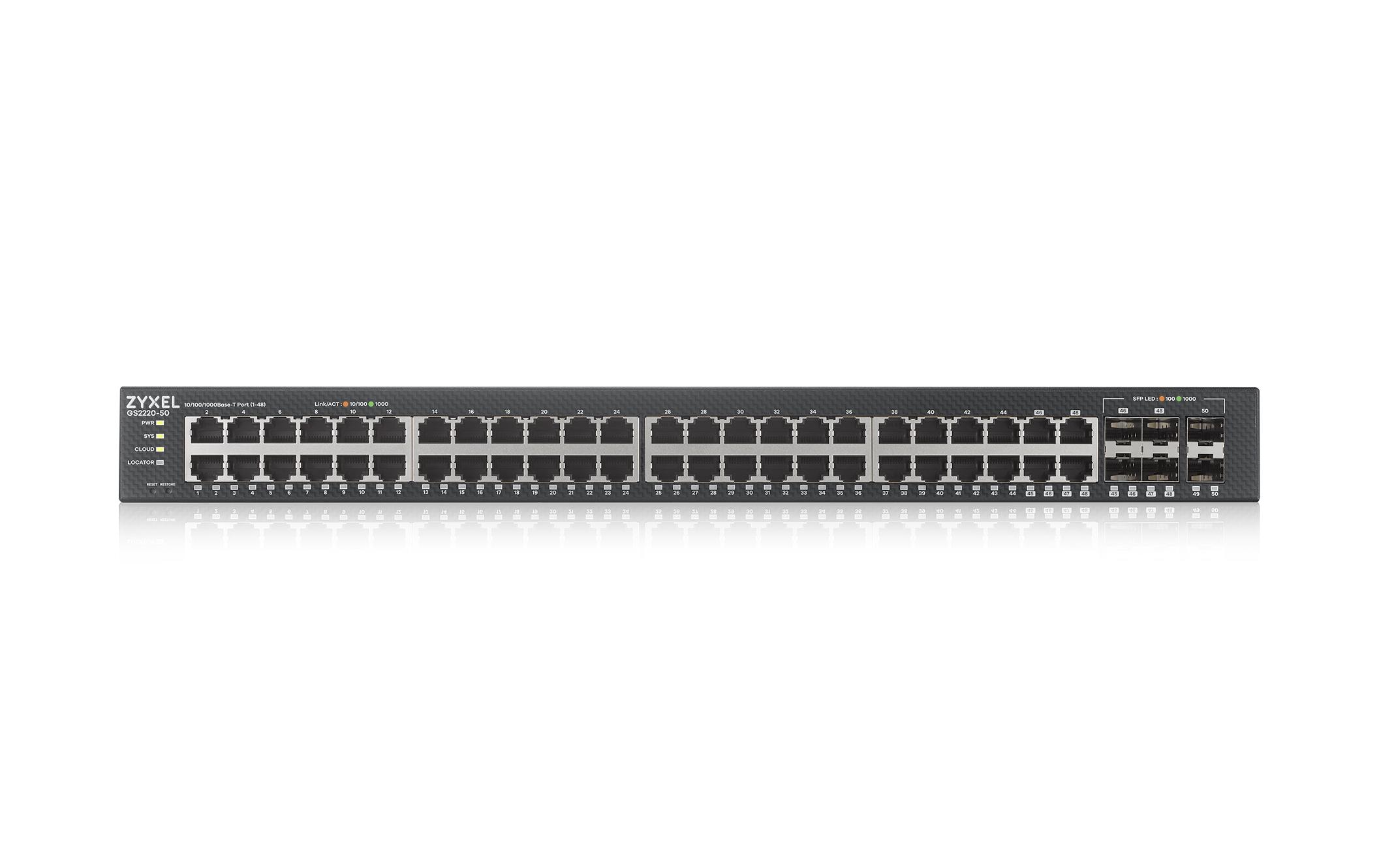 Switch GS2220-50 50 Port<br>50-Port-GbE-Switch, Layer 2 managed, 44x GbE RJ-45 Ports, 4x GbE Combo-Port, 2x SFP-Ports