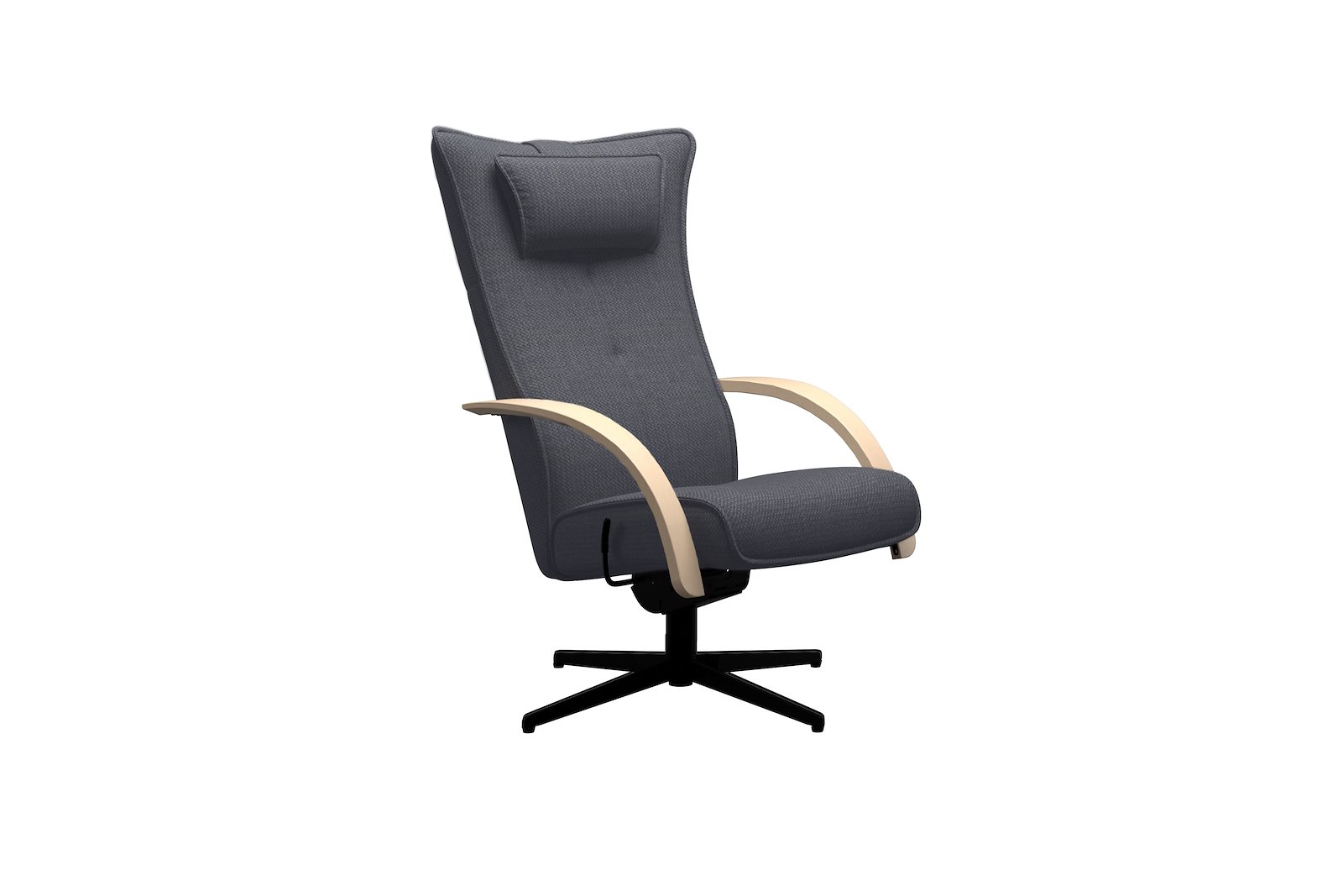 Delta Motion Wood lenestol Tekstil Guard Indigo med sortlakkert S04 sokkel. Hvitpigmentert eik armlener