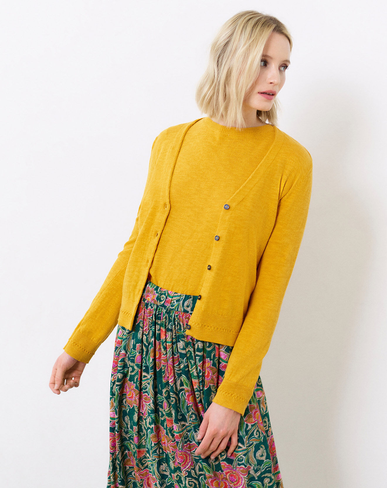 Caroll Cardigan fin en Coton & Lin Blondine safran