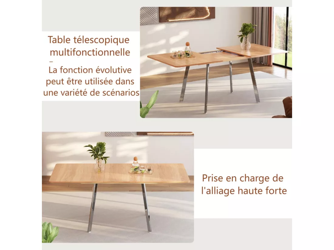 Table à manger extensible en MDF et alliage - 4 à 6 personnes - Naturel et argenté - 140-180x80x75cm