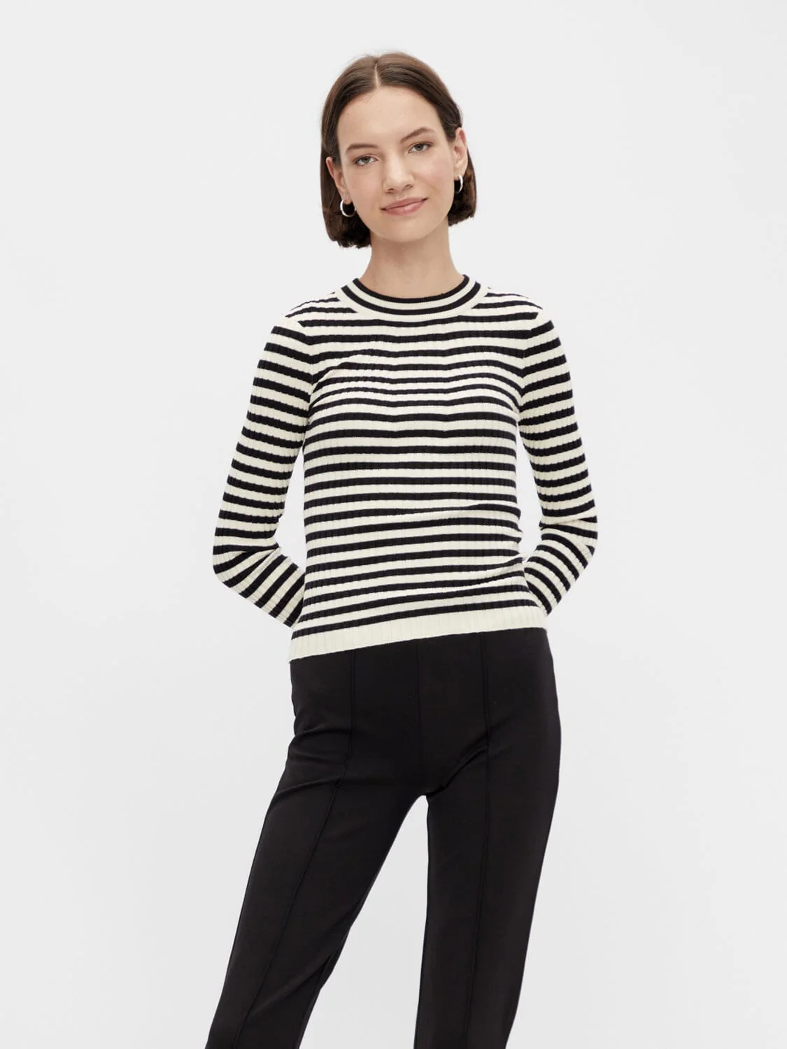 Pieces Pccrista Ls O-Neck Knit 3653318 black with birch stripes m
