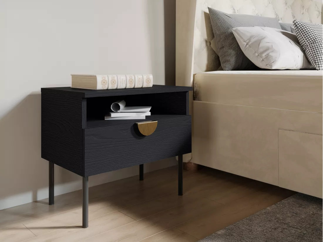 Lot de 2 tables de chevet avec 1 tiroir - Coloris : Noir et doré - NATANIEL