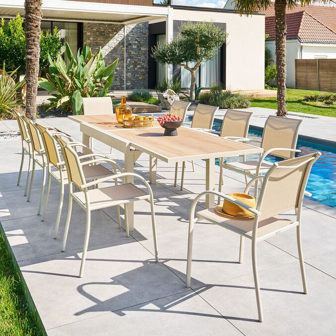 Ensemble table de jardin extensible PIAZZA  + 12 fauteuils PIAZZA Épeautre & Argile