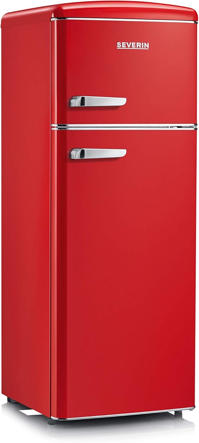SEVERIN Retro - Kühl-/ Gefrierkombination, platzsparendes Raumwunder, 4 x höhenverstellbare Abstellflächen und eine große Veggiebox, 206 L Nutzinhalt, rot, RKG 8930