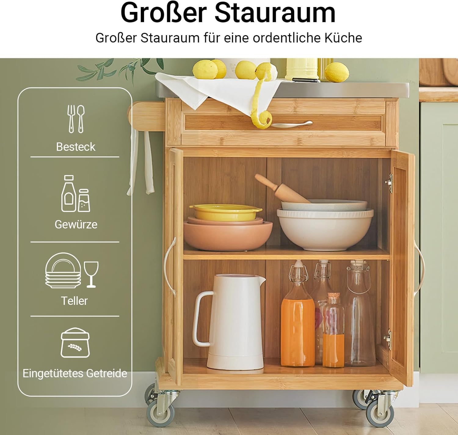 SoBuy Servierwagen mit Arbeitsplatte, Küchenwagen auf Rollen, Kücheninsel aus Bambus, Rollwagen mit Stauraum, Küchenregal stehend, Grilltisch für Küche, Wohnzimmer, Outdoor – 66x92x46 cm, FKW13-N